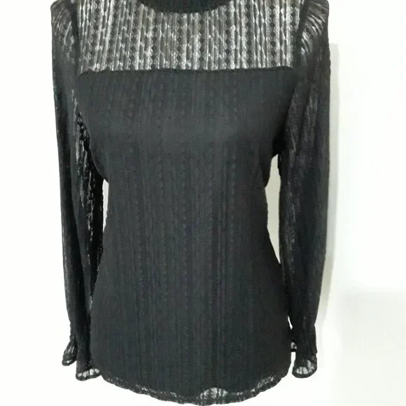 Adrianna Papell lovely dark black sheer neckline long sleeve top size M - Picture 3 of 11
